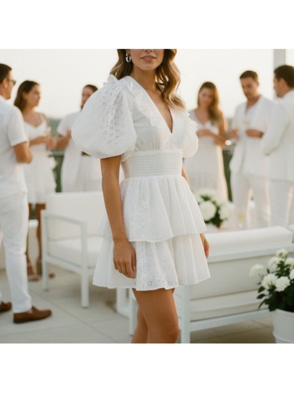 Forever 21 White Eyelet Puff-Sleeve Tiered Mini Dress
